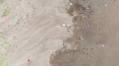 Aerial View Tilt of the Trash and Snails on the Beach in Ben Tre.