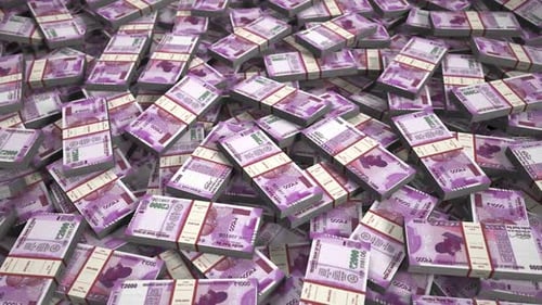 Indian Rupee 2000 Banknotes Falling and Piling Up Animation