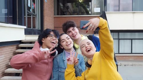Group of Friends Taking Selfie on Campus
