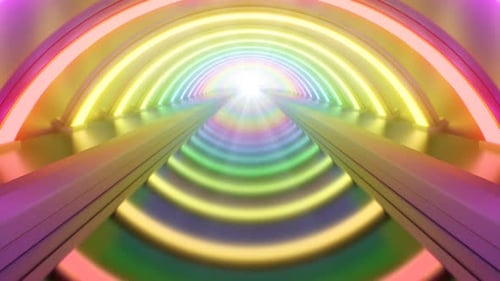 Underground Rave, néons arc-en-ciel lumineux, reflet lumineux d'un tunnel, 4K