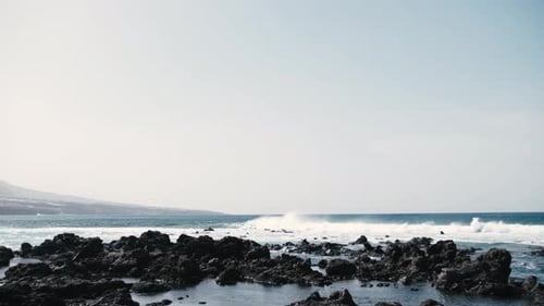 Awesome Power Ocean Waves Breaking Over Dangerous Rocks