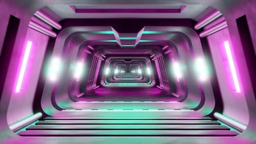 Futuristic Indoor Tunnel with Colorful Purple Neon Lights