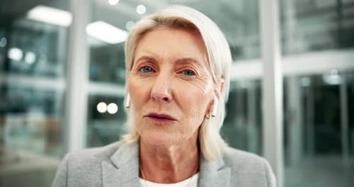 Face, mature woman and video call in office for conference or online meeting and consulting