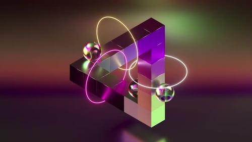 Abstract Isometric Penrose Triangle with Neon and Metallic Spheres