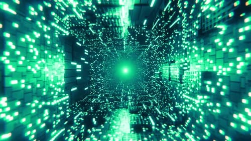 Tunnel through futuristic city with modern neon buildings and skyscrapers, loop