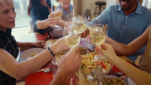 Family and Friends Cheers Wine Glasses at Dinner