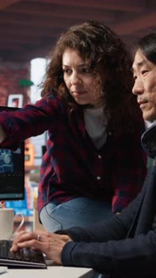 Vertical Video Teamworking Startup Office Colleagues Using Artificial Intelligence