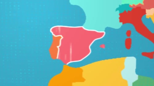 Spanien-Karte in 3D-Globuszoom-Animation mit Strichlinie