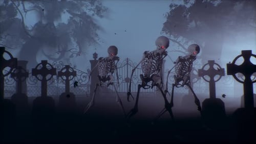 Dancing Skeletons in the Cemetery at Night Skeletons with