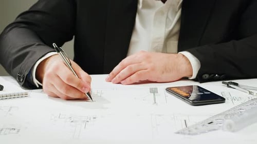 Architect Designer Counting on a Calculator Drawing Plan Blueprint Closeup