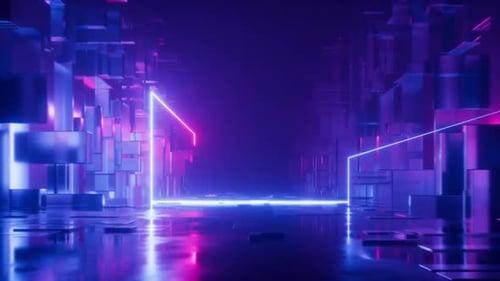 Dynamic neon grid path through futuristic abstract cityscape at night