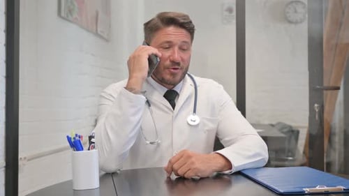 Phone Talk by Mature Adult Doctor in Hospital