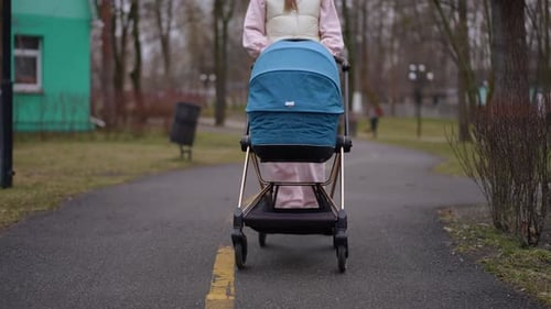 Front View Blue Baby Stroller with Pregnant Unrecognizable Young Woman Walking on Park Alley Leaving