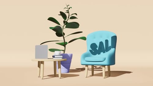 Furniture sale Soft armchair table laptop coffee cup books plant pastel background 3D animation