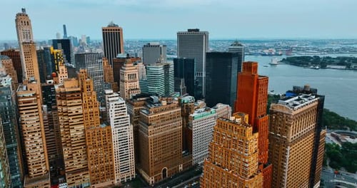 Complex of beautiful buildings standing close to each other. Diverse skyscrapers in New York