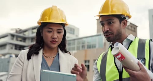 People, architect and tablet on rooftop in construction planning, strategy or ideas in city