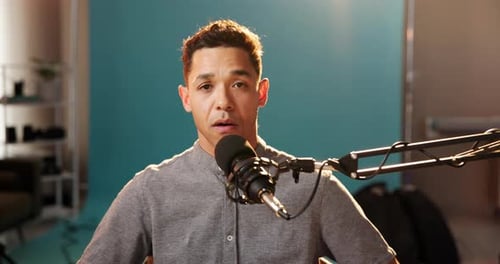 Social media, microphone and content creator with face of man for live streaming