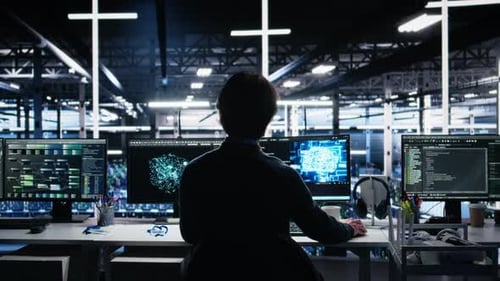 Data Center Engineer Using Computer to Monitor Neural Network AI LLM