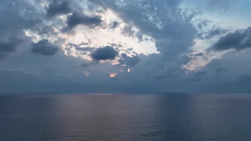 Dramatic Color Sunset Above Sea Aerial View 4 K