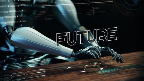 Zukünftiger Text, animiert mit einem KI-Roboter-Geschäftsmann, der auf einer futuristischen Tastatur tippt