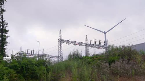 Switchyard and wind turbines.