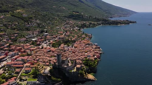 Castle of Malcesine with aerial view of the iconic lakeside fortress on Lake Garda