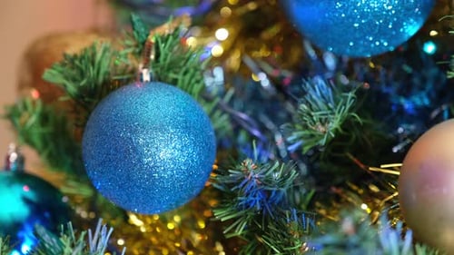Christmas Pine Tree and Blue Ball Detail Close Up