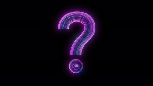 ? Question mark in glowing blue and violet colors appears with soft animated motion over transparent