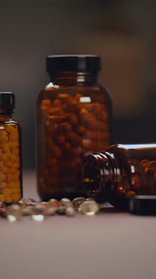 A Variety of Assorted Health Supplements Stored in Glass Jars That Contain Pills and Capsules