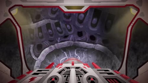 Raumschiff-Cockpit, das durch ein biomechanisches außerirdisches Schiff reist