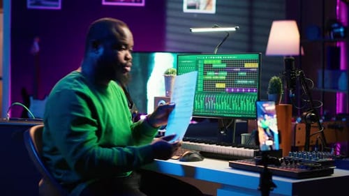 Man Explaining Music on Video Call in Studio