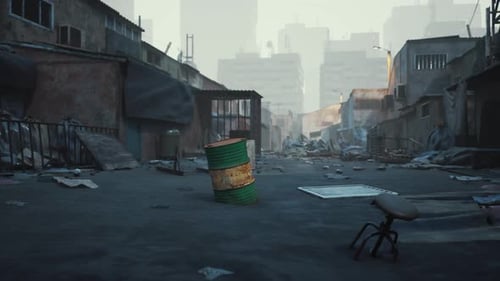 Gritty Urban Slum Street With Dilapidated Buildings 3D Animation