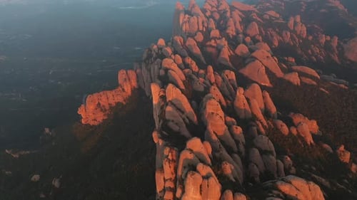 Aerial views of Montserrat peaks, a mountain range in Catalonia. Unique Montserrat mountains