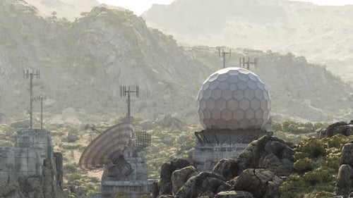 Military Base in Mountains with Radar Domes and Towers