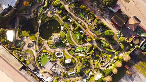 Merrivale miniature model village architectural design at Great Yarmouth, Norfolk - Drone descending