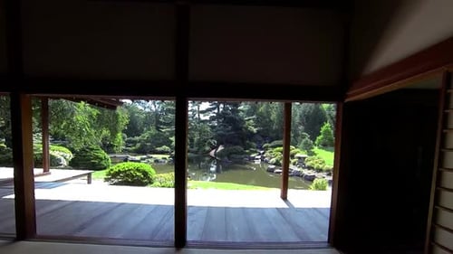 Steadicam shot moves from interior of Japanese house to outside veranda with view of koi pond and ga