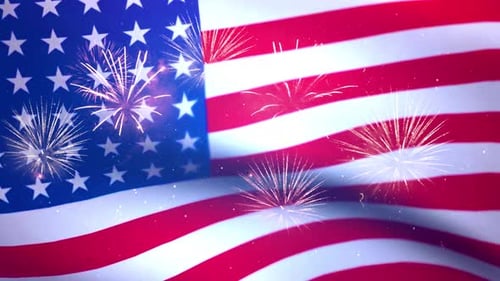 Texto de 4 de julho na bandeira dos Estados Unidos com fogos de artifício