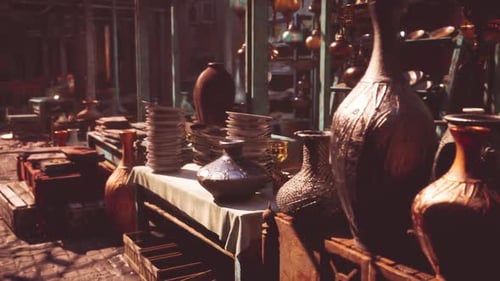 Beautiful Pottery and Ceramics Displayed in a Vibrant Market Setting