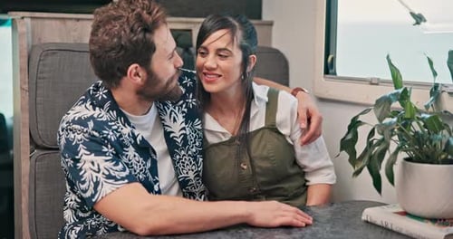 Happy, kiss and couple in vehicle, road trip and journey for adventure, love