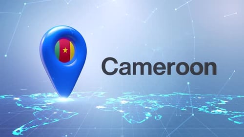 Cameroon Flag Location Pin on Digital World Map Animation