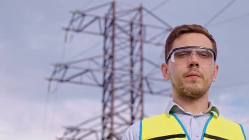 A designer inspects a high voltage tower. An engineer in a hard hat servicing a power transmission p