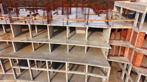 Flight along the empty floors of the big building of the unusual design.