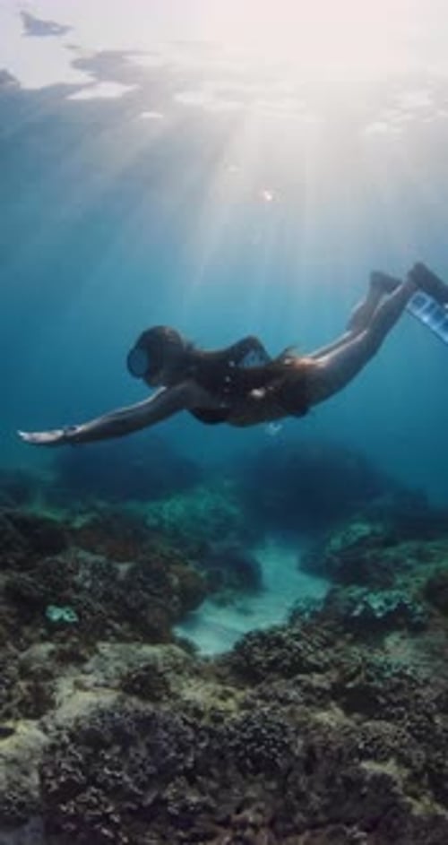 Freediver Woman with Diving Fins Glides Underwater in Tropical Blue Ocean