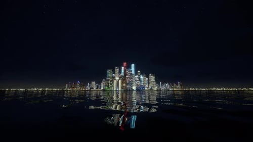 Illuminated Modern City Skyline Reflected on Water at Night
