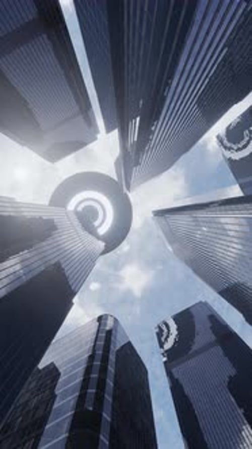 Futuristic Glowing Circle Reveal Over Modern Corporate Skyscrapers