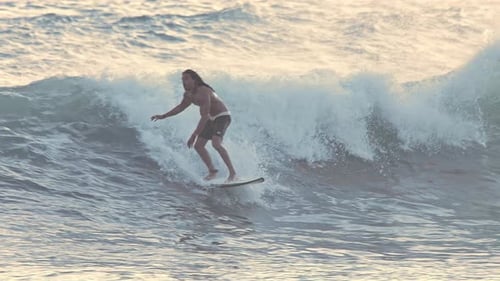 One Surfer Riding on Surf in Beautiful Ocean Waves Slow Motion