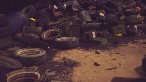 Debris of Discarded Tires and Containers Littering a Neglected Urban Area