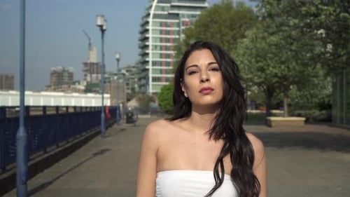 Glamorous Woman Walks in City on Sunny Day