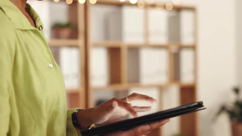 Woman, hands and tablet typing in zoom for research, browsing or social media at office