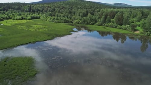 Aerial View of a Summer Forest and the Lake Beautiful Wild Nature Landscape Sky Reflections on the
